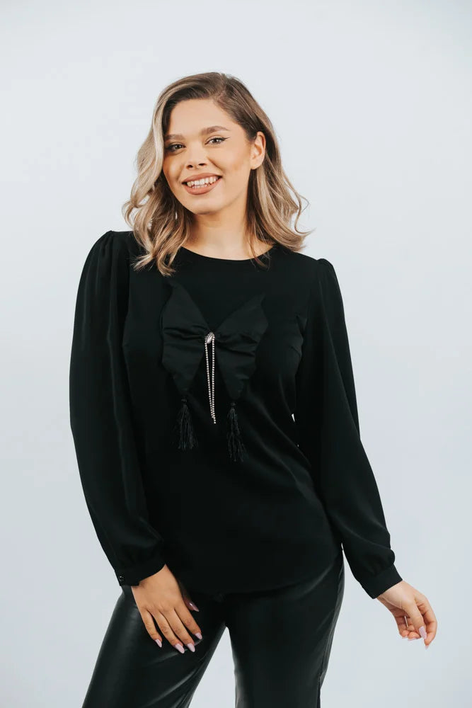 Bluză Neagră Elegantă cu Decolteu Rotund și Fundă cu Cănaci