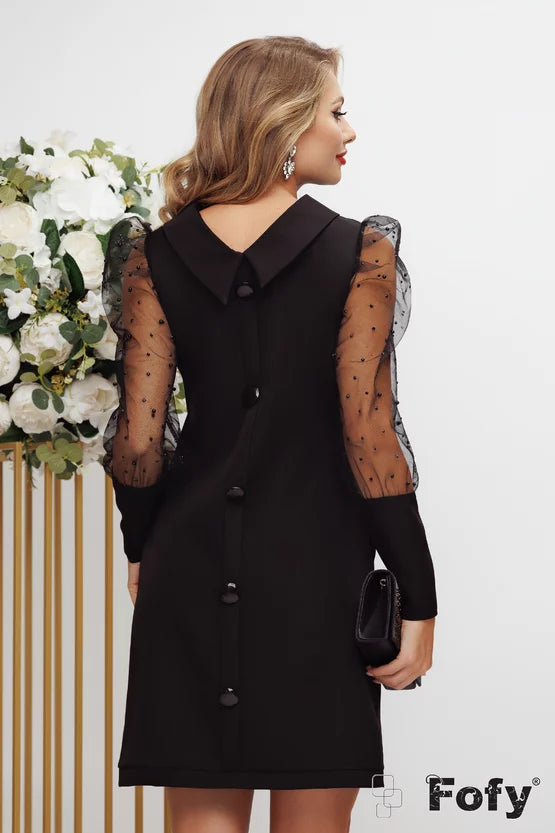 Rochie eleganta de ocazie neagră, Fofy croi in A guler retro maneci cu perle si strasuri mansete late