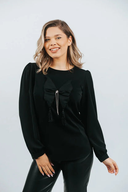Bluză Neagră Elegantă cu Decolteu Rotund și Fundă cu Cănaci