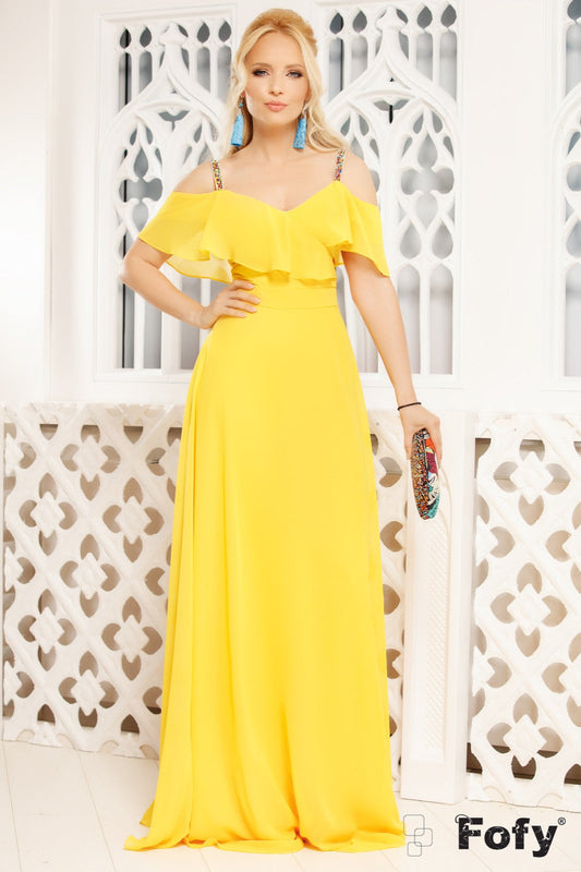 Rochie Fofy elegantă din voal galben cu umeri căzuți