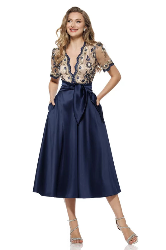 Rochie elegantă bleumarin din tafta usor elastica cu bust din dantela premium