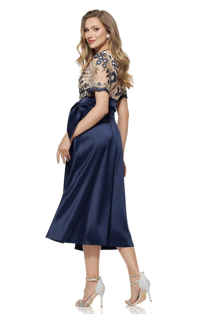 Rochie elegantă bleumarin din tafta usor elastica cu bust din dantela premium