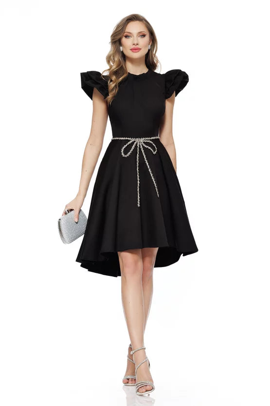 Rochie eleganta Fofy neagra cu pliuri , volane si fundita din margele